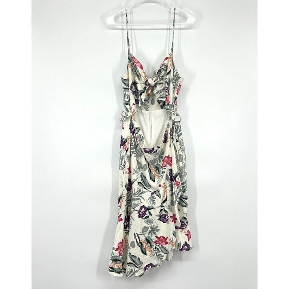 WAYF Dress Mahari Beige Floral Print Cut Out Ruffle Midi Sleeveless - Picture 4 of 12